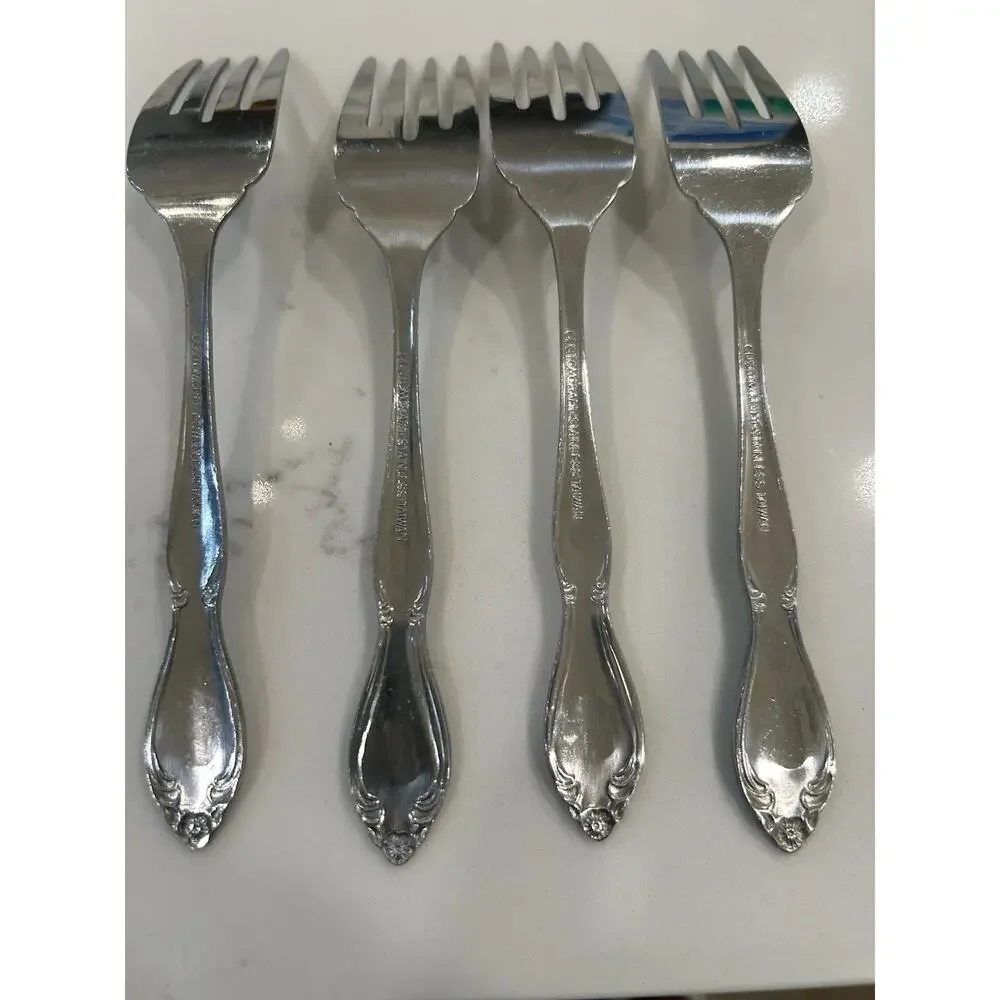 Vtg‎ Set of 4 Salad Forks “T” Monogram Custom Made Floral Stainless Flatware